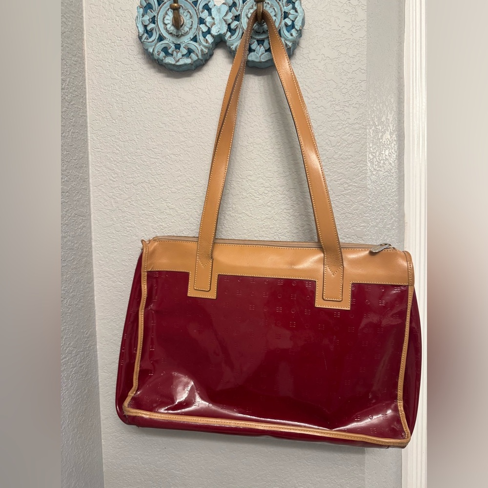 Arcadia Italy Red Patent Leather Shoulder Bag Tan Trim Made in Italy
